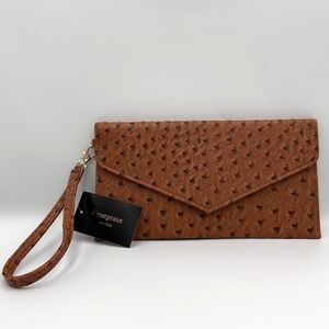 Ostrich Embossed Cognac Wristlet Clutch Purse Envelope d'margeaux NWT 10x5.5